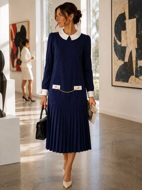 Liz Roberts Blue Size 12 Midi Dress Peter Pan Collar Pleated Mod 80s Preppy NOS